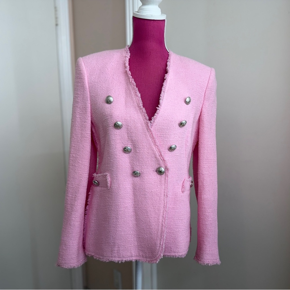 ZARA Pink Tweed Blazer, Double Breasted, Lined, Size S, NEW